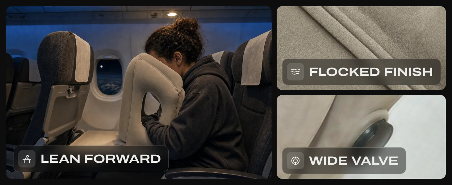 Close-ups: a passenger leaning forward on a night flight, the soft flocked finish and the wide valve.