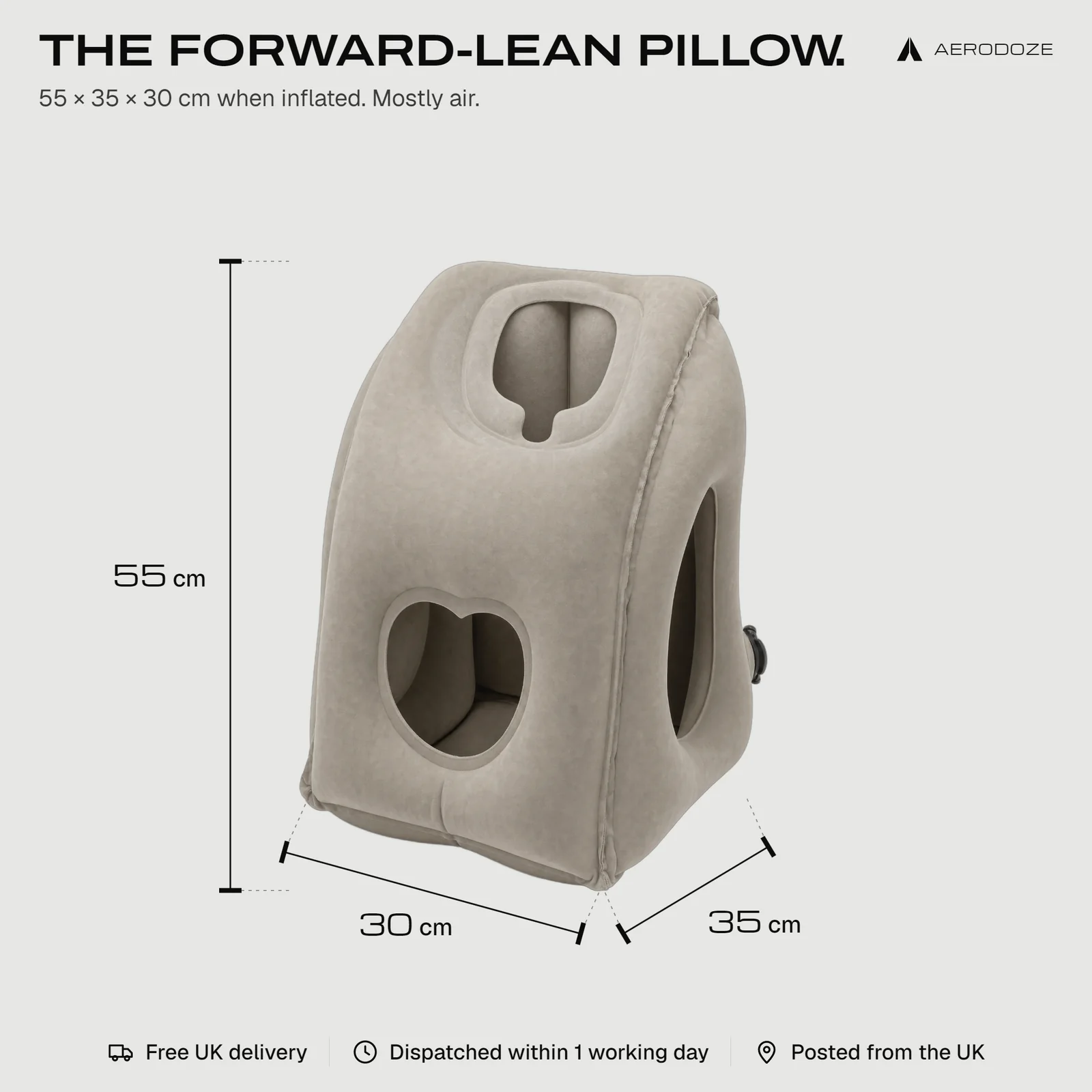 The forward-lean pillow, 55 by 35 by 30 cm when inflated: the pillow with its height of 55 cm and its base of 30 cm by 35 cm marked.
