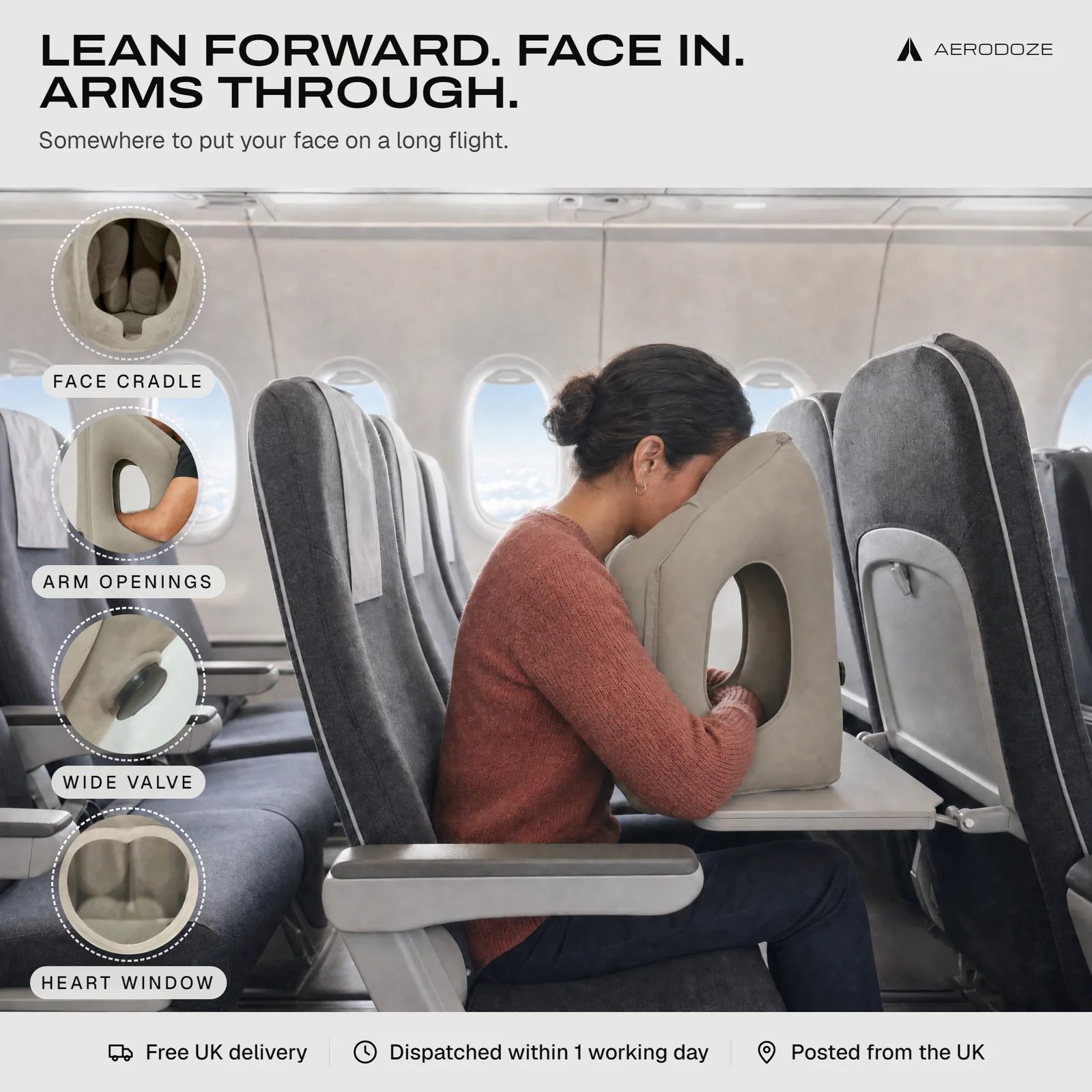 Lean forward. Face in. Arms through. A woman leans onto the pillow in a plane seat, with close-ups of the face cradle, the arm openings, the wide valve and the heart-shaped vent.